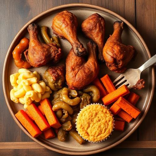 Soul food plate with fried chicken, greens, macaroni and candied yams